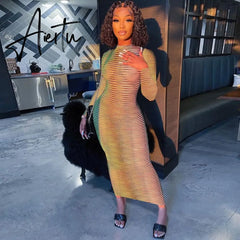 Aiertu Slip Long Sleeves Sexy See Through Bodycon Maxi Dress  Summer Fall Women Fashion Club Color Print Clothes Y2K Robe Aiertu