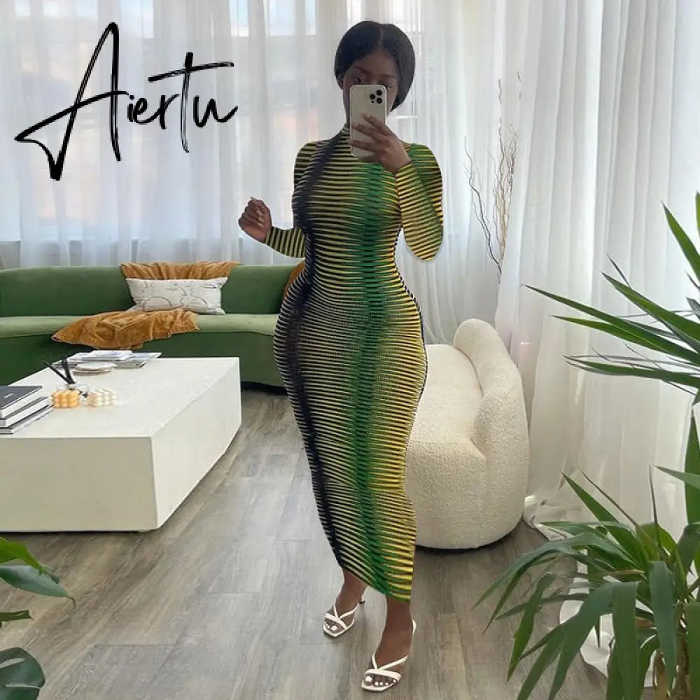 Aiertu Slip Long Sleeves Sexy See Through Bodycon Maxi Dress  Summer Fall Women Fashion Club Color Print Clothes Y2K Robe Aiertu