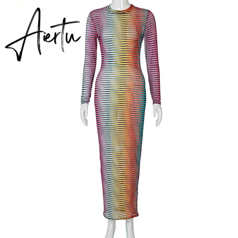 Aiertu Slip Long Sleeves Sexy See Through Bodycon Maxi Dress  Summer Fall Women Fashion Club Color Print Clothes Y2K Robe Aiertu