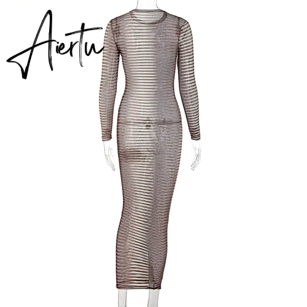 Aiertu Slip Long Sleeves Sexy See Through Bodycon Maxi Dress  Summer Fall Women Fashion Club Color Print Clothes Y2K Robe Aiertu