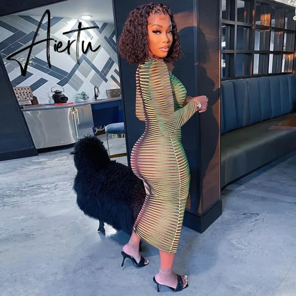 Aiertu Slip Long Sleeves Sexy See Through Bodycon Maxi Dress  Summer Fall Women Fashion Club Color Print Clothes Y2K Robe Aiertu