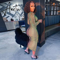 Aiertu Slip Long Sleeves Sexy See Through Bodycon Maxi Dress  Summer Fall Women Fashion Club Color Print Clothes Y2K Robe Aiertu