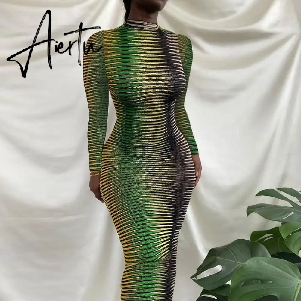 Aiertu Slip Long Sleeves Sexy See Through Bodycon Maxi Dress  Summer Fall Women Fashion Club Color Print Clothes Y2K Robe Aiertu