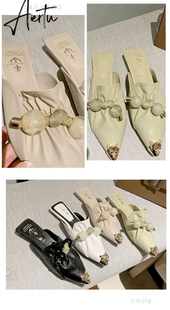 Aiertu Slippers for Women Flat Pointed Toe Pearl Knot Casual Summer Slip-on Mules Backless Loafers Ballet Flats Low Heel Luxury Shoes Aiertu