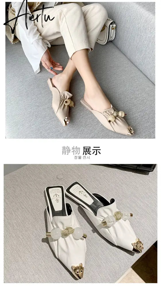 Aiertu Slippers for Women Flat Pointed Toe Pearl Knot Casual Summer Slip-on Mules Backless Loafers Ballet Flats Low Heel Luxury Shoes Aiertu