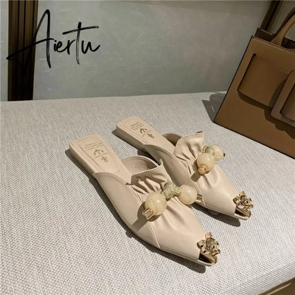 Aiertu Slippers for Women Flat Pointed Toe Pearl Knot Casual Summer Slip-on Mules Backless Loafers Ballet Flats Low Heel Luxury Shoes Aiertu