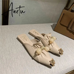 Aiertu Slippers for Women Flat Pointed Toe Pearl Knot Casual Summer Slip-on Mules Backless Loafers Ballet Flats Low Heel Luxury Shoes Aiertu