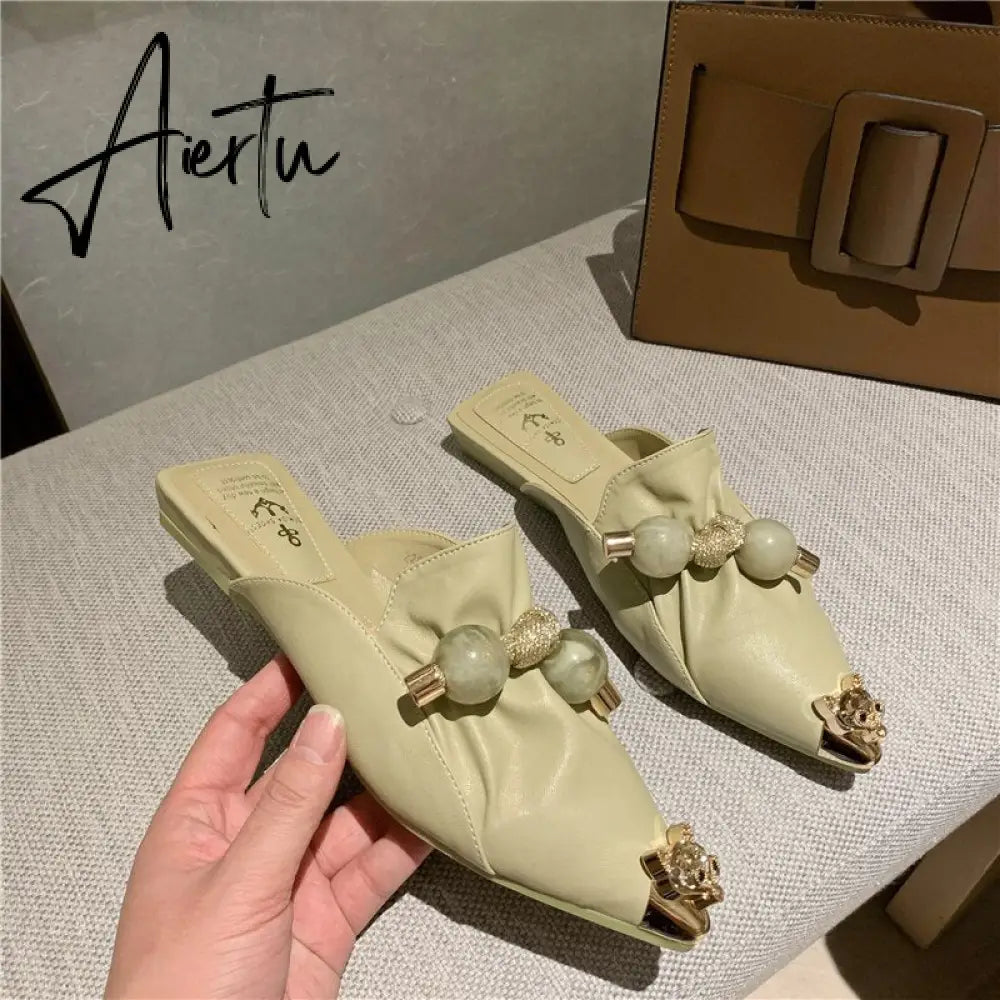 Aiertu Slippers for Women Flat Pointed Toe Pearl Knot Casual Summer Slip-on Mules Backless Loafers Ballet Flats Low Heel Luxury Shoes Aiertu