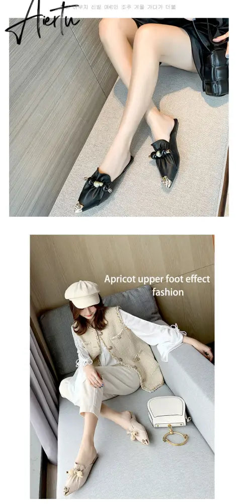 Aiertu Slippers for Women Flat Pointed Toe Pearl Knot Casual Summer Slip-on Mules Backless Loafers Ballet Flats Low Heel Luxury Shoes Aiertu