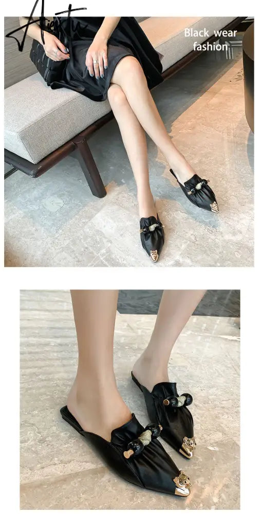 Aiertu Slippers for Women Flat Pointed Toe Pearl Knot Casual Summer Slip-on Mules Backless Loafers Ballet Flats Low Heel Luxury Shoes Aiertu