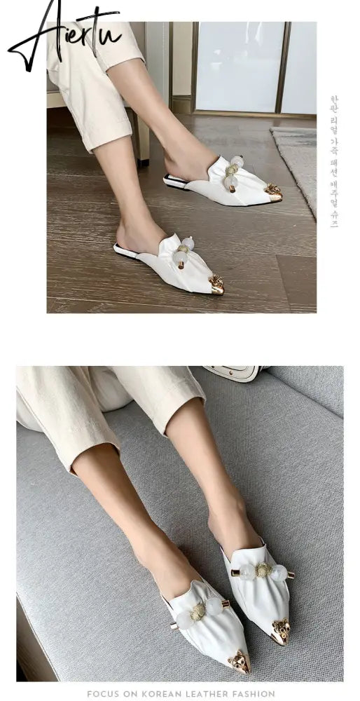 Aiertu Slippers for Women Flat Pointed Toe Pearl Knot Casual Summer Slip-on Mules Backless Loafers Ballet Flats Low Heel Luxury Shoes Aiertu