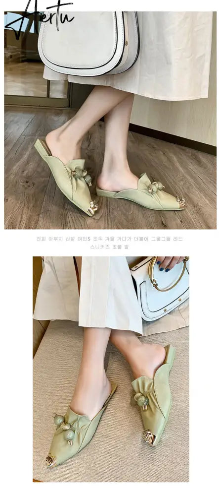 Aiertu Slippers for Women Flat Pointed Toe Pearl Knot Casual Summer Slip-on Mules Backless Loafers Ballet Flats Low Heel Luxury Shoes Aiertu