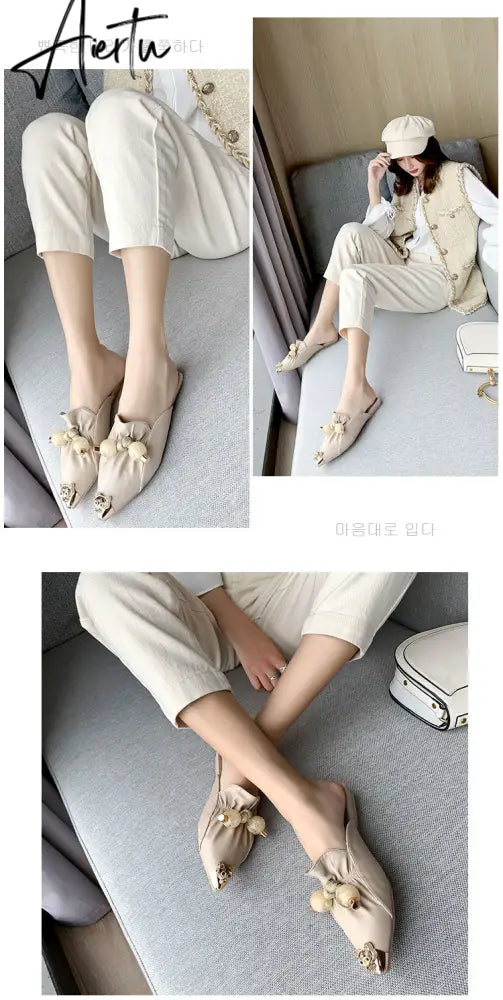 Aiertu Slippers for Women Flat Pointed Toe Pearl Knot Casual Summer Slip-on Mules Backless Loafers Ballet Flats Low Heel Luxury Shoes Aiertu