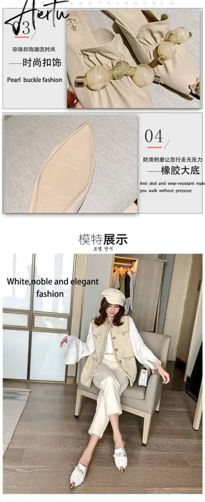 Aiertu Slippers for Women Flat Pointed Toe Pearl Knot Casual Summer Slip-on Mules Backless Loafers Ballet Flats Low Heel Luxury Shoes Aiertu