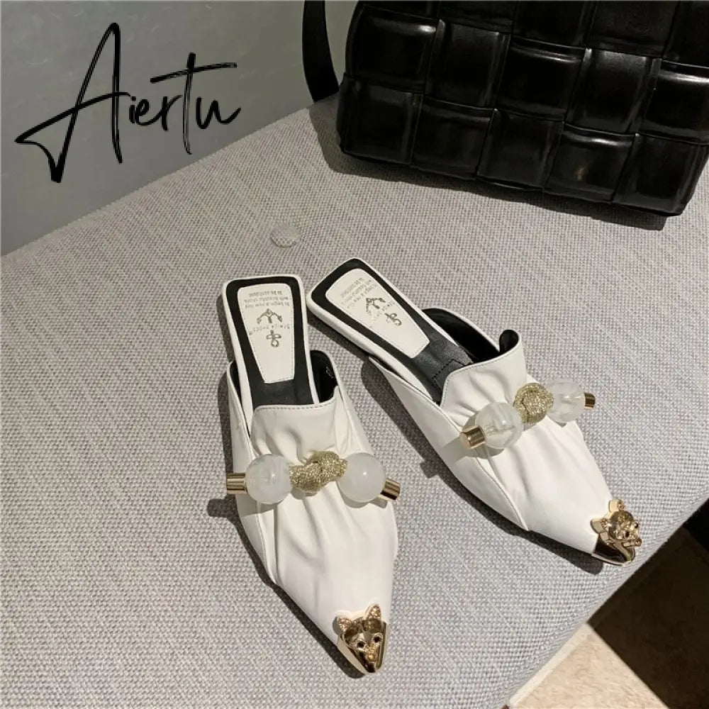 Aiertu Slippers for Women Flat Pointed Toe Pearl Knot Casual Summer Slip-on Mules Backless Loafers Ballet Flats Low Heel Luxury Shoes Aiertu