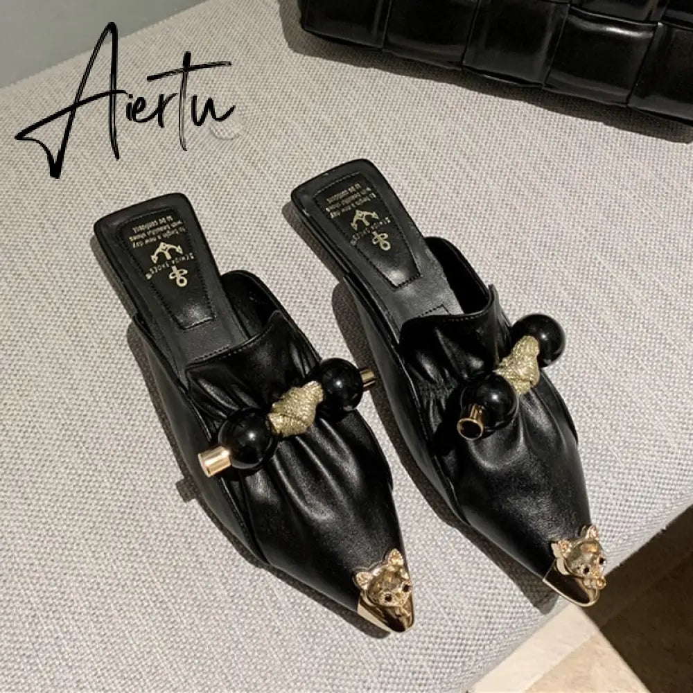 Aiertu Slippers for Women Flat Pointed Toe Pearl Knot Casual Summer Slip-on Mules Backless Loafers Ballet Flats Low Heel Luxury Shoes Aiertu