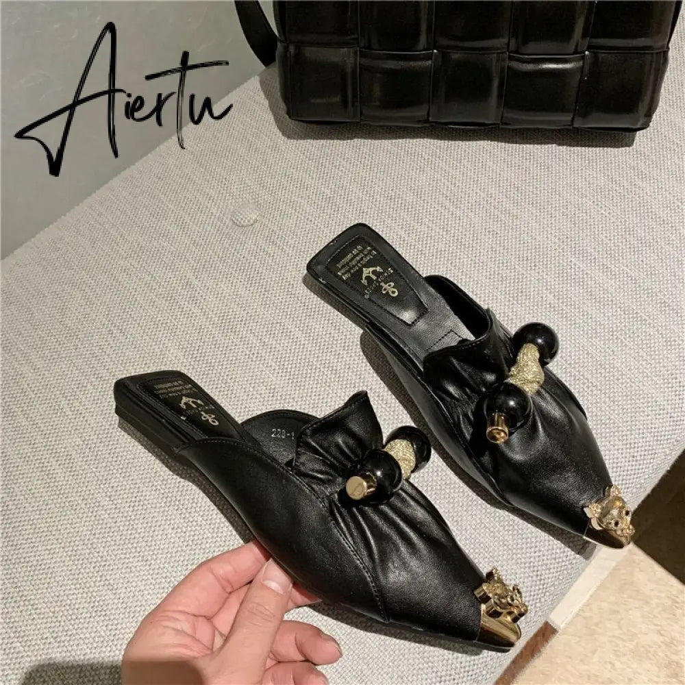 Aiertu Slippers for Women Flat Pointed Toe Pearl Knot Casual Summer Slip-on Mules Backless Loafers Ballet Flats Low Heel Luxury Shoes Aiertu