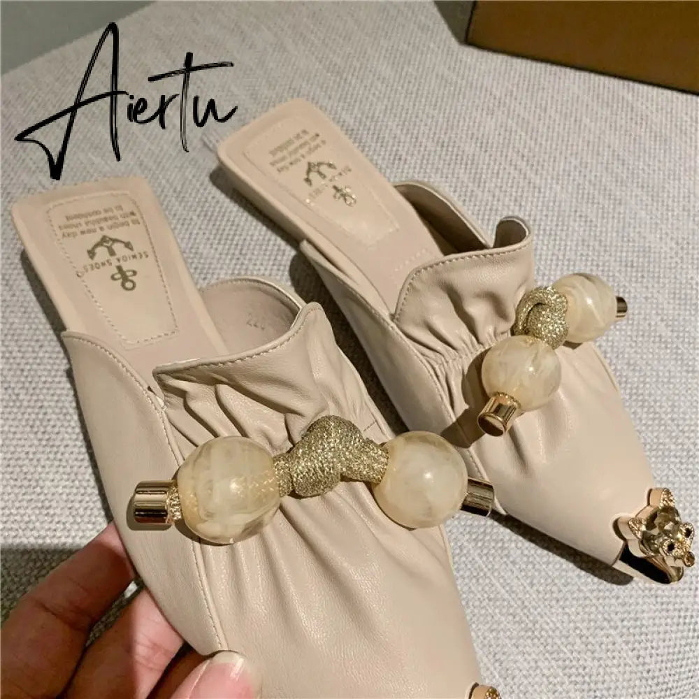 Aiertu Slippers for Women Flat Pointed Toe Pearl Knot Casual Summer Slip-on Mules Backless Loafers Ballet Flats Low Heel Luxury Shoes Aiertu