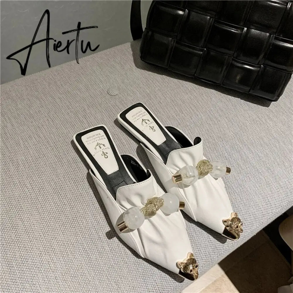 Aiertu Slippers for Women Flat Pointed Toe Pearl Knot Casual Summer Slip-on Mules Backless Loafers Ballet Flats Low Heel Luxury Shoes Aiertu
