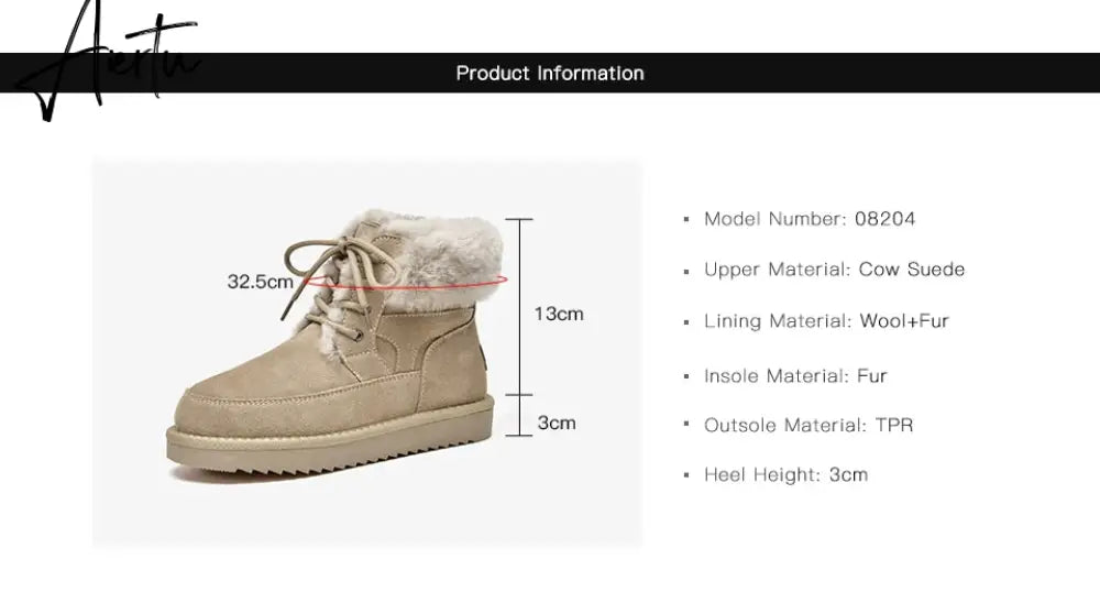 Aiertu Snow Boots Women Cow Suede Leather Lace Up Ankle Boots Warm Wool Ladies Winter Fur Shoes Handmade Aiertu