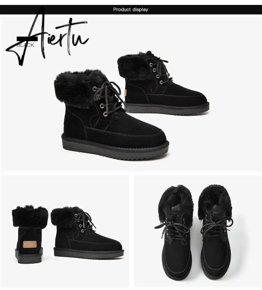 Aiertu Snow Boots Women Cow Suede Leather Lace Up Ankle Boots Warm Wool Ladies Winter Fur Shoes Handmade Aiertu