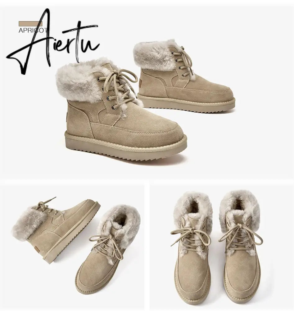 Aiertu Snow Boots Women Cow Suede Leather Lace Up Ankle Boots Warm Wool Ladies Winter Fur Shoes Handmade Aiertu