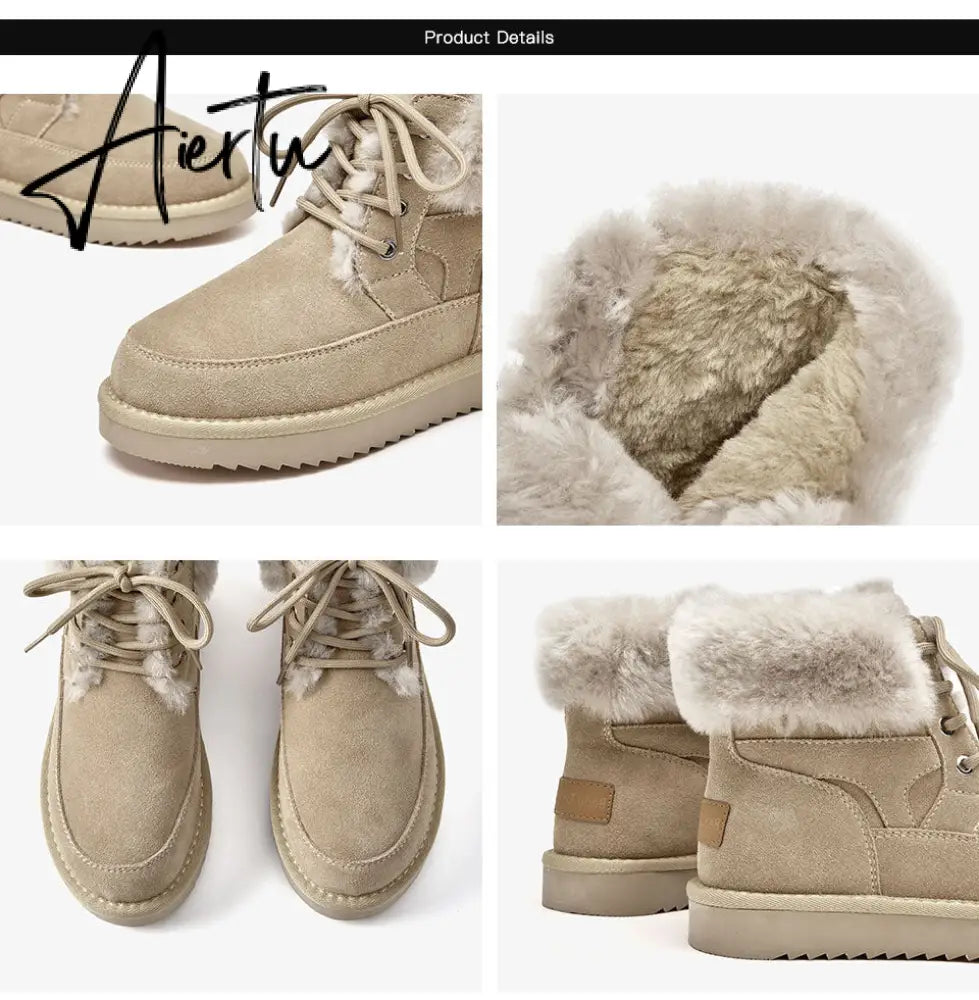 Aiertu Snow Boots Women Cow Suede Leather Lace Up Ankle Boots Warm Wool Ladies Winter Fur Shoes Handmade Aiertu