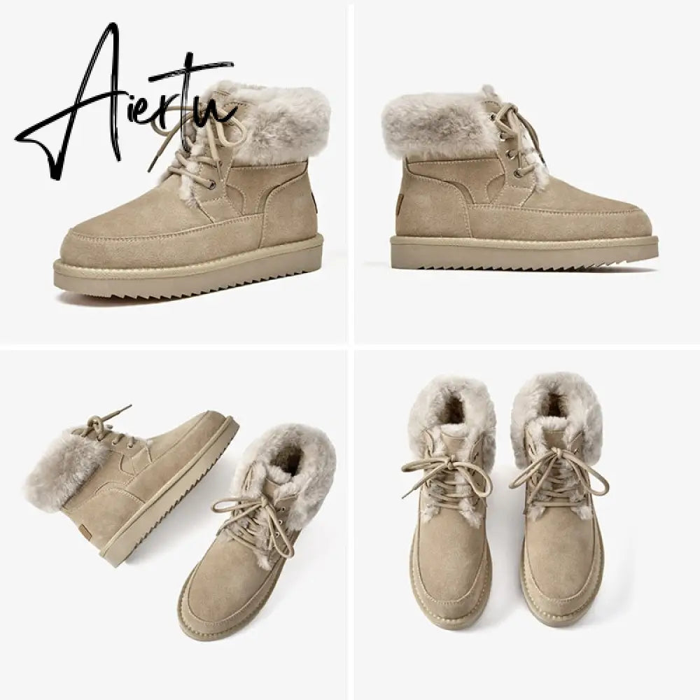 Aiertu Snow Boots Women Cow Suede Leather Lace Up Ankle Boots Warm Wool Ladies Winter Fur Shoes Handmade Aiertu