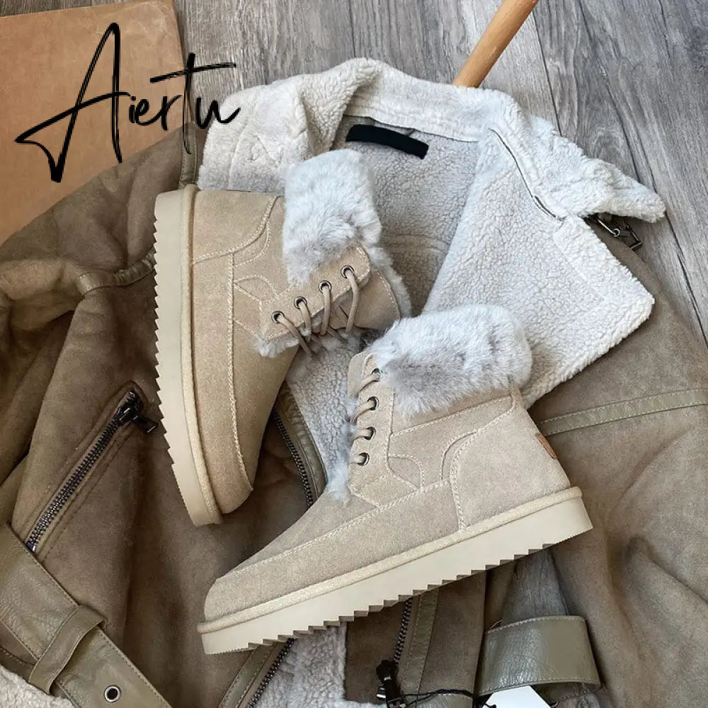 Aiertu Snow Boots Women Cow Suede Leather Lace Up Ankle Boots Warm Wool Ladies Winter Fur Shoes Handmade Aiertu