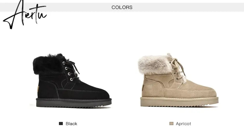 Aiertu Snow Boots Women Cow Suede Leather Lace Up Ankle Boots Warm Wool Ladies Winter Fur Shoes Handmade Aiertu