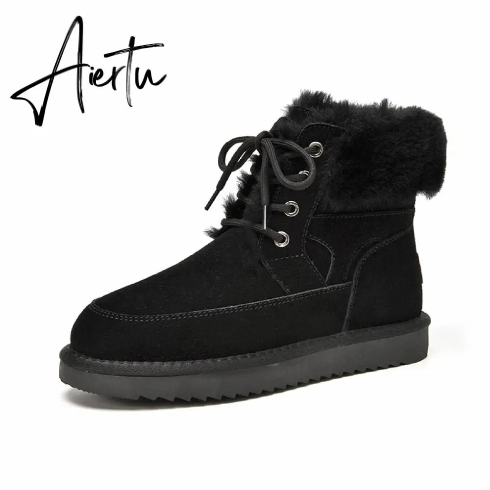 Aiertu Snow Boots Women Cow Suede Leather Lace Up Ankle Boots Warm Wool Ladies Winter Fur Shoes Handmade Aiertu
