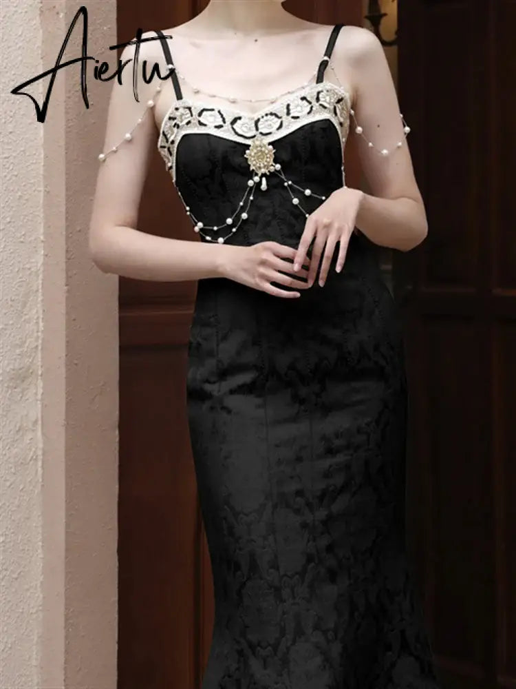 Aiertu Solid Black Party Dresses Sexy Summer Boho Dress Woman Lace Backless Beach Sleeveless Runway Sundress Women Embroidery Robe Aiertu