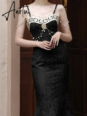 Aiertu Solid Black Party Dresses Sexy Summer Boho Dress Woman Lace Backless Beach Sleeveless Runway Sundress Women Embroidery Robe Aiertu
