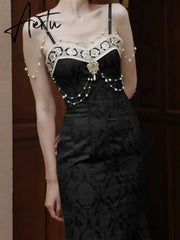 Aiertu Solid Black Party Dresses Sexy Summer Boho Dress Woman Lace Backless Beach Sleeveless Runway Sundress Women Embroidery Robe Aiertu