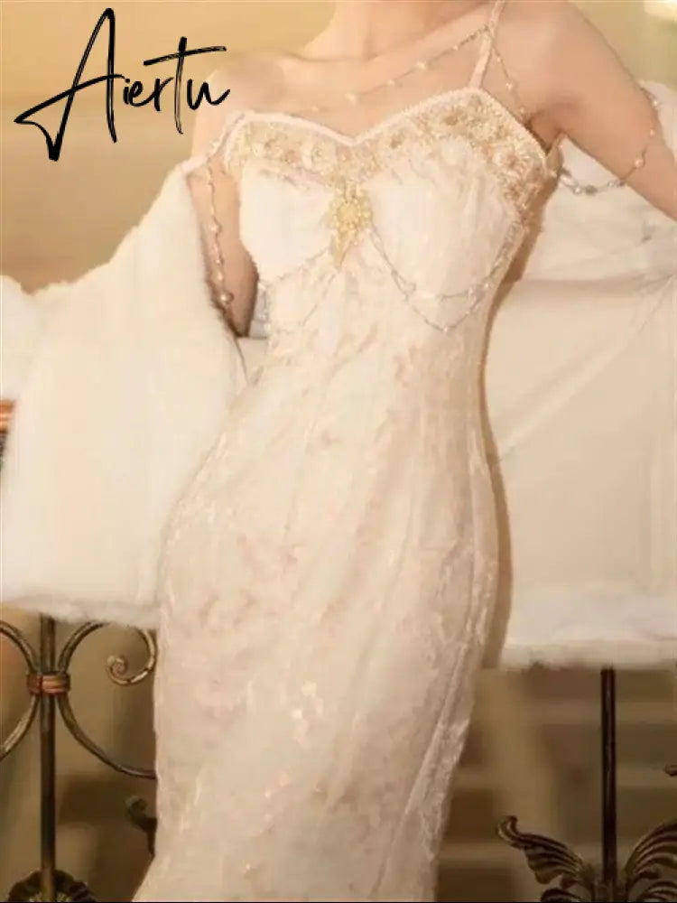 Aiertu Solid Black Party Dresses Sexy Summer Boho Dress Woman Lace Backless Beach Sleeveless Runway Sundress Women Embroidery Robe Aiertu