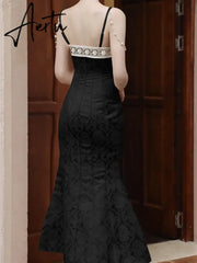 Aiertu Solid Black Party Dresses Sexy Summer Boho Dress Woman Lace Backless Beach Sleeveless Runway Sundress Women Embroidery Robe Aiertu
