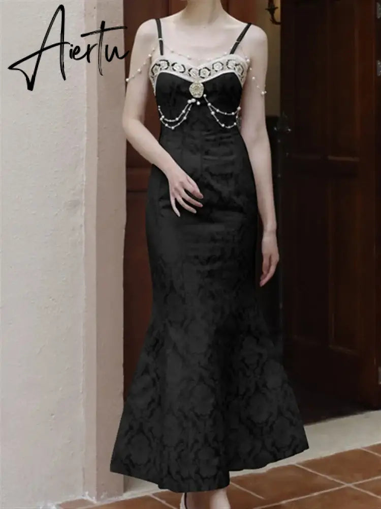 Aiertu Solid Black Party Dresses Sexy Summer Boho Dress Woman Lace Backless Beach Sleeveless Runway Sundress Women Embroidery Robe Aiertu