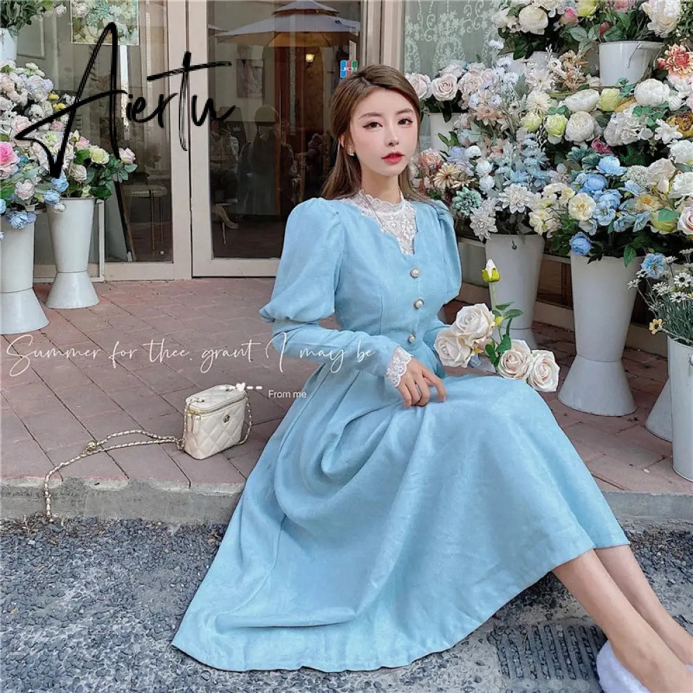 Aiertu Solid Elegant Dress Women Winter Patchwork Lace Party Midi Dress Female Casual French Style Sweet Kawaii Korean Dress Women Aiertu