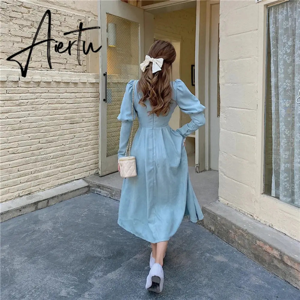 Aiertu Solid Elegant Dress Women Winter Patchwork Lace Party Midi Dress Female Casual French Style Sweet Kawaii Korean Dress Women Aiertu