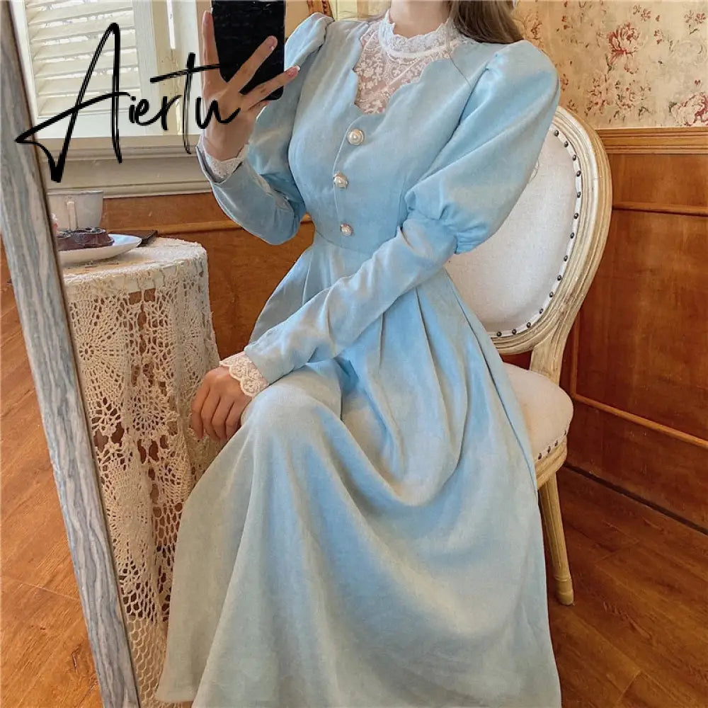 Aiertu Solid Elegant Dress Women Winter Patchwork Lace Party Midi Dress Female Casual French Style Sweet Kawaii Korean Dress Women Aiertu