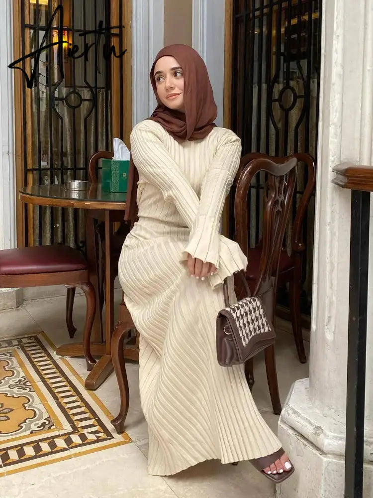 Aiertu Solid Elegant Pleated Knitted Long Dress For Women Autumn Long Sleeve Slim V Neck Midi Dress Female Chic Ribbed Maxi Robe Aiertu