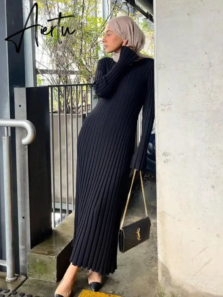 Aiertu Solid Elegant Pleated Knitted Long Dress For Women Autumn Long Sleeve Slim V Neck Midi Dress Female Chic Ribbed Maxi Robe Aiertu