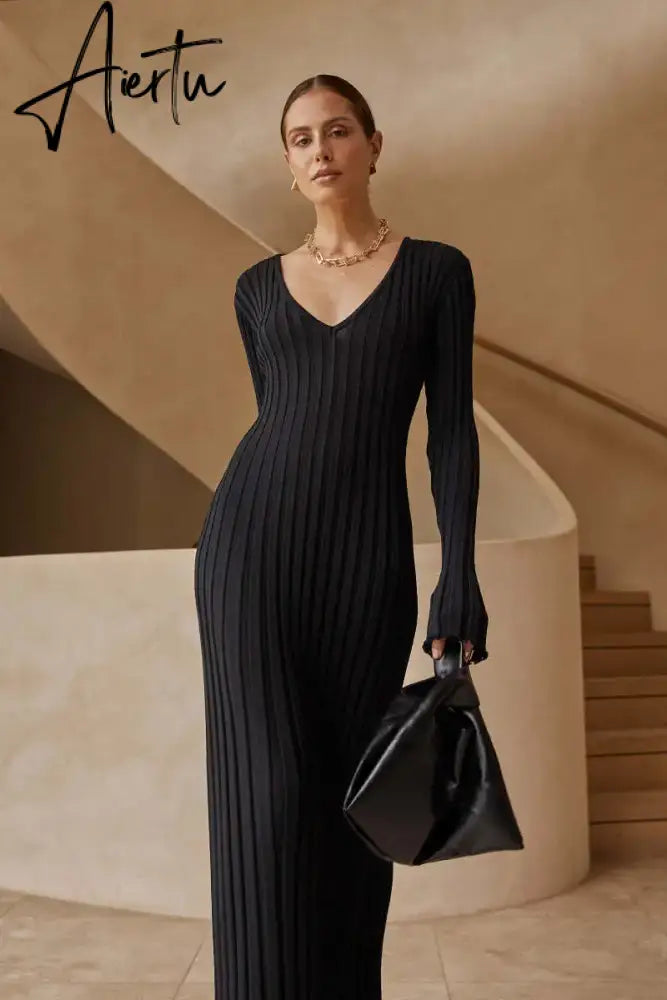 Aiertu Solid Elegant Pleated Knitted Long Dress For Women Autumn Long Sleeve Slim V Neck Midi Dress Female Chic Ribbed Maxi Robe Aiertu