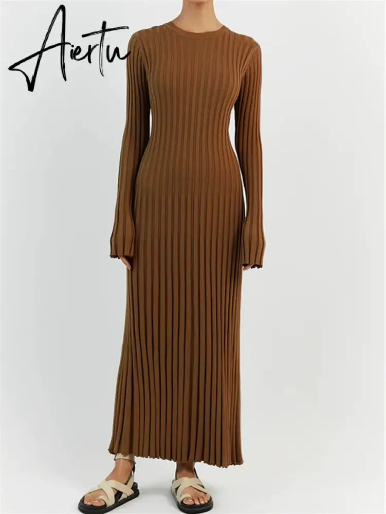 Aiertu Solid Elegant Pleated Knitted Long Dress For Women Autumn Long Sleeve Slim V Neck Midi Dress Female Chic Ribbed Maxi Robe Aiertu