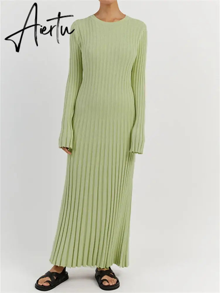 Aiertu Solid Elegant Pleated Knitted Long Dress For Women Autumn Long Sleeve Slim V Neck Midi Dress Female Chic Ribbed Maxi Robe Aiertu