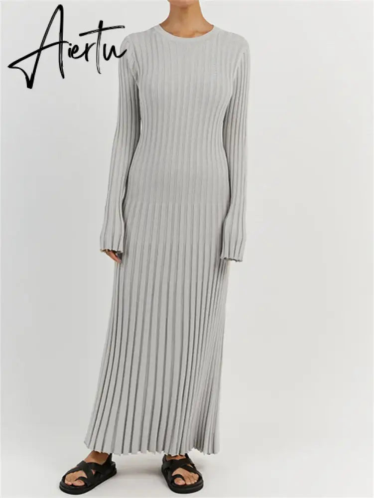 Aiertu Solid Elegant Pleated Knitted Long Dress For Women Autumn Long Sleeve Slim V Neck Midi Dress Female Chic Ribbed Maxi Robe Aiertu