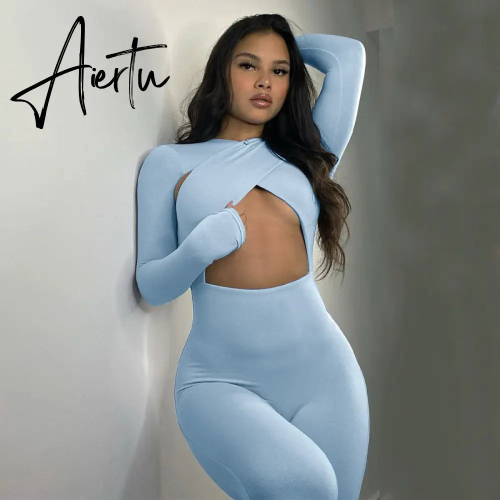 Aiertu Solid Hollow Out Revealing Long Sleeves Slim Bodycon Jumpsuit Summer Women Fashion Sexy Sport Party Club Robe Y2K Aiertu