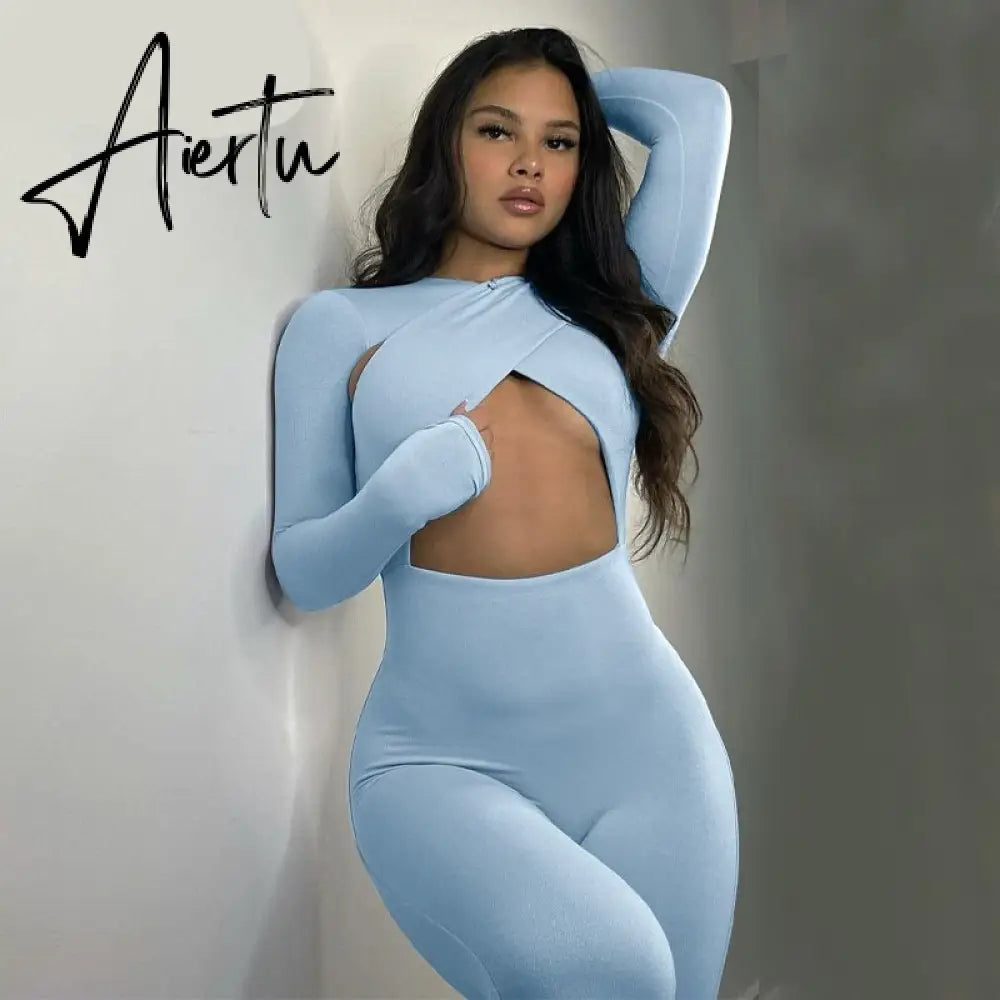 Aiertu Solid Hollow Out Revealing Long Sleeves Slim Bodycon Jumpsuit Summer Women Fashion Sexy Sport Party Club Robe Y2K Aiertu