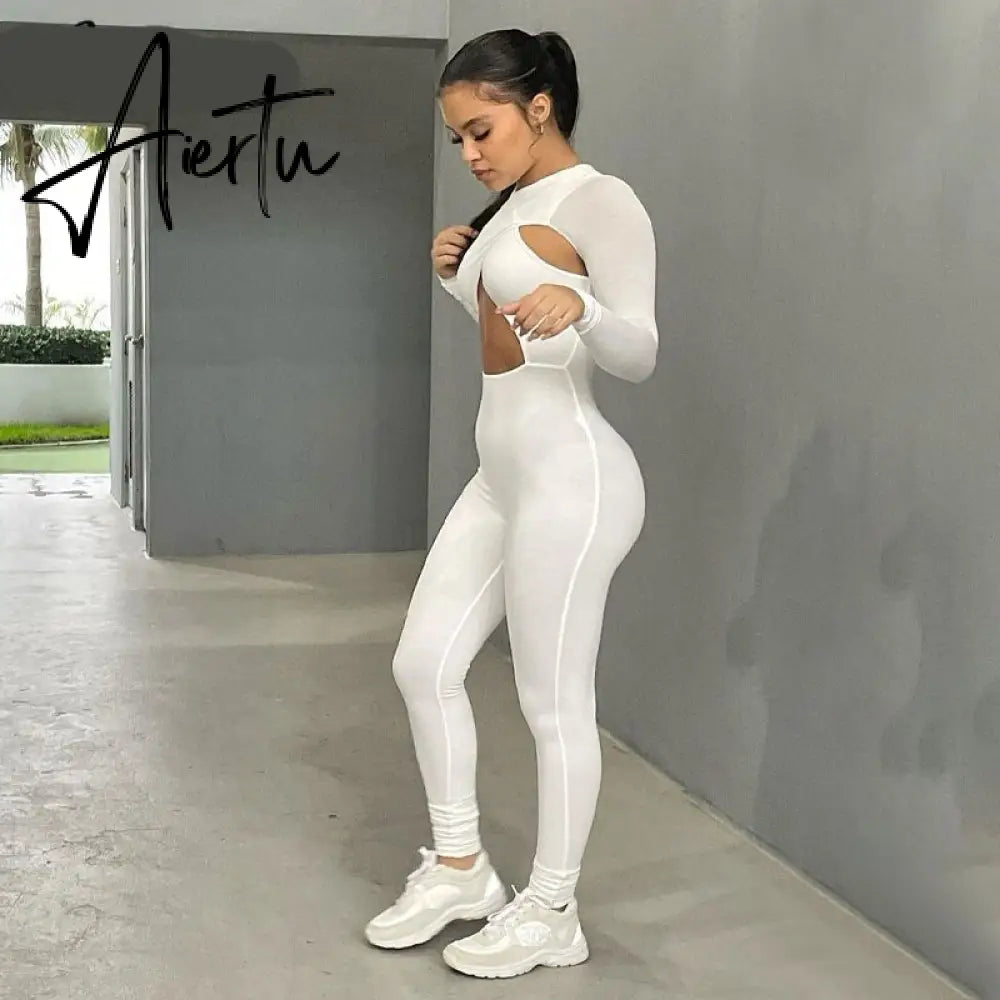 Aiertu Solid Hollow Out Revealing Long Sleeves Slim Bodycon Jumpsuit Summer Women Fashion Sexy Sport Party Club Robe Y2K Aiertu