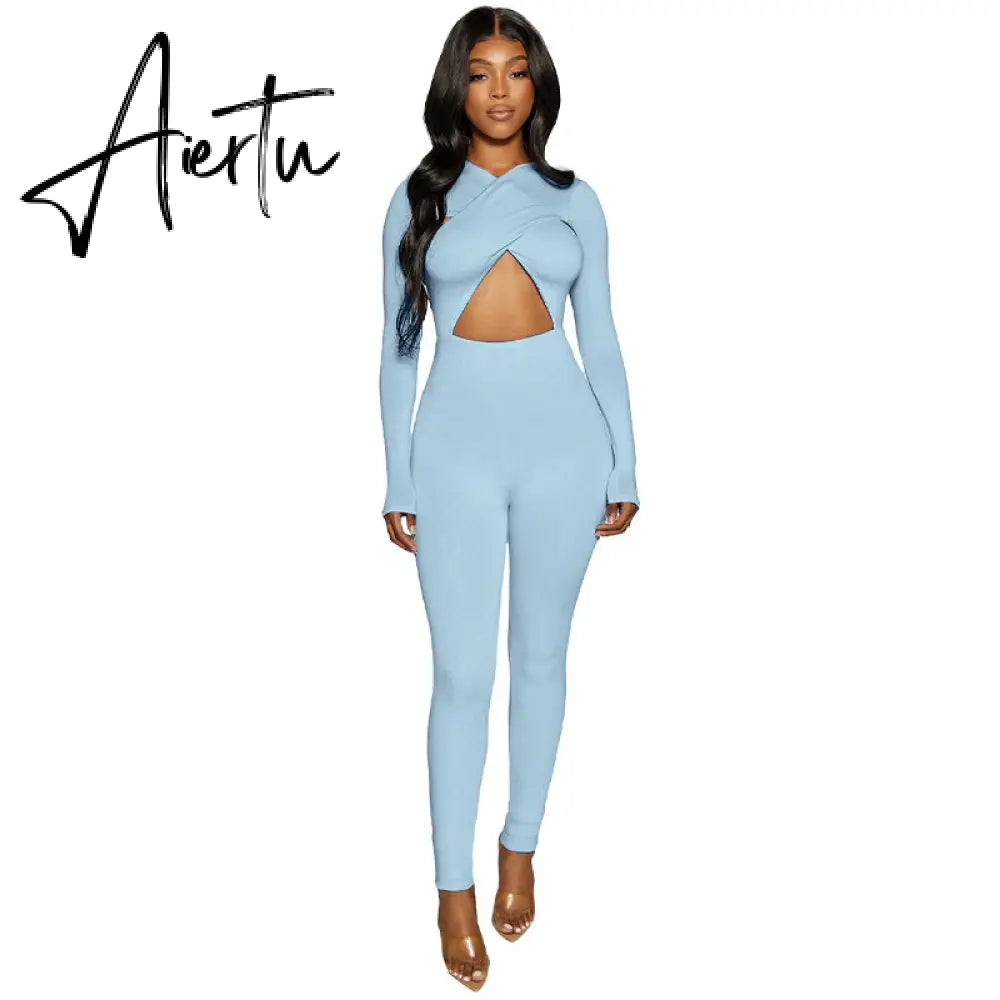 Aiertu Solid Hollow Out Revealing Long Sleeves Slim Bodycon Jumpsuit Summer Women Fashion Sexy Sport Party Club Robe Y2K Aiertu